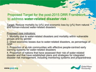 Proposed Target for the post-2015 DRR Framework 
to address water-related disaster risk : 
Target: Reduce mortality by (x%) and economic loss by (y%) from natural 
and human-induced water-related disasters 
Proposed core indicators: 
1. Mortality due to water-related disasters and mortality within vulnerable 
groups and by gender 
2. Direct economic losses due to water-related disasters, as percentage of 
GDP 
3. Proportion of at-risk communities with effective people-centred early 
warning systems for water-related disasters 
4. Proportion of nations that have assessed their risk of water-related 
disaster and that have established plans and strategies for integrated 
disaster risk management, including monitoring systems and preparedness 
 