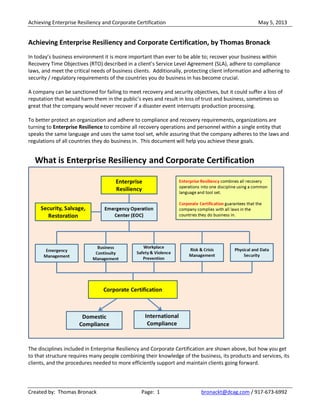 Achieving Enterprise Resiliency and Corporate Certification May 5, 2013
Created by: Thomas Bronack Page: 1 bronackt@dcag.com / 917-673-6992
Achieving Enterprise Resiliency and Corporate Certification, by Thomas Bronack
In today’s business environment it is more important than ever to be able to; recover your business within
Recovery Time Objectives (RTO) described in a client’s Service Level Agreement (SLA), adhere to compliance
laws, and meet the critical needs of business clients. Additionally, protecting client information and adhering to
security / regulatory requirements of the countries you do business in has become crucial.
A company can be sanctioned for failing to meet recovery and security objectives, but it could suffer a loss of
reputation that would harm them in the public’s eyes and result in loss of trust and business, sometimes so
great that the company would never recover if a disaster event interrupts production processing.
To better protect an organization and adhere to compliance and recovery requirements, organizations are
turning to Enterprise Resilience to combine all recovery operations and personnel within a single entity that
speaks the same language and uses the same tool set, while assuring that the company adheres to the laws and
regulations of all countries they do business in. This document will help you achieve these goals.
The disciplines included in Enterprise Resiliency and Corporate Certification are shown above, but how you get
to that structure requires many people combining their knowledge of the business, its products and services, its
clients, and the procedures needed to more efficiently support and maintain clients going forward.
 