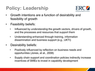 Policy: Leadership
• Growth intentions are a function of desirability and
feasibility of growth
• Feasibility beliefs:
• Influenced by understanding the growth vectors, drivers of growth,
and the processes and resources that support them
• Understanding enhanced through training, information
dissemination and business support (e.g., UKTI)
• Desirability beliefs:
• Positively influenced by reflection on business needs and
opportunities (Jones, et al., 2008)
• Supply chain support and coordination policies indirectly increase
incentives of SMEs to invest in capability development
 