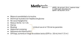 Metformina
● Mejora la sensibilidad a la insulina
● Disminuye la produccion hepatica de glucosa
● No causa hipoglicemia
● Reduce Hb1Ac 1.0-1.5%
● Diarrea
● Bloating Limita el uso en el 15% de los pacientes
● Abdominal crampring
● Deficiencia de Vitamina B12
● GFR baja, aumenta el riesgo de acidosis lactica (GFR is < 30 mL/min/1.73 m )
 