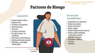 Factores de Riesgo
Exposición
• Enfermedad crítica
• Septicemia
• Choque circulatorio
• Quemaduras
• Trauma
• Cirugía cardíaca
• Cirugía mayor no
cardiaca
• Fármacos nefrotóxicos
• Radiocontraste yodado
• Plantas y animales
venenosos
Facores de
sucepibilidad
• Depleción de volumen
• Edad avanzada
• Sexo femenino
• Raza negra
• Enfermedad renal crónica
• Otras enfermedades
crónicas(corazón,
pulmón, hígado)
• Diabetes mellitus
• Cáncer
• Anemia
Uptodate
 