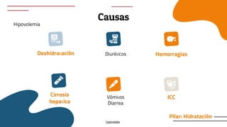 Causas
Deshidratación Diuréticos Hemorragias
Hipovolemia
Cirrosis
hepatica
Vómitos
Diarrea
ICC
Pilar: Hidratación
Uptodate
 