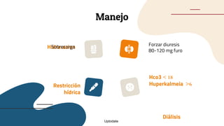 Manejo
Hidratacion
Sobrecarga
Restricción
hídrica
Forzar diuresis
80-120 mg furo
Hco3 < 18
Huperkalmeia >6
Diálisis
Uptodate
 
