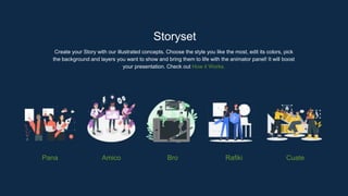 Storyset
Create your Story with our illustrated concepts. Choose the style you like the most, edit its colors, pick
the background and layers you want to show and bring them to life with the animator panel! It will boost
your presentation. Check out How it Works.
Pana Amico Bro Rafiki Cuate
 