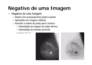 Negativo de uma Imagem
  g                g
• Negativo de uma Imagem
  – Realce com processamento ponto-a-ponto
                              ponto a ponto
  – Aplicações em imagens médicas
  – Reverter a ordem do preto para o branco
     • Intensidade da imagem de saída diminui
     • Intensidade da entrada aumenta
     • s=L–1–r
 
