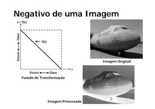 Negativo de uma Imagem
  g                g
s = T(r)
Claro




                      T(r)
    ro
Escur




                                                 Imagem Original

                                         r
             Escuro           Claro
         Função de Transformação
            ç                ç




                             Imagem Processada
 