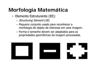 Morfologia Matemática
        • Elemento Estruturante (EE):
                  – Structuring Element (SE)
                  – Pequeno conjunto usado para reconhecer a
                    morfologia do objeto de interesse em uma imagem.
                        f l     d b      d
                  – Forma e tamanho devem ser adaptados para as
                    propriedades geométricas da imagem processada.
                          i d d        ét i   d i               d

0.5
05

 1                                                        1                                                       1

1.5
                                                          2                                                       2
 2
                                                          3                                                       3
2.5

 3                                                        4                                                       4

3.5
                                                          5                                                       5
 4
                                                          6                                                       6
4.5

 5                                                        7                                                       7

5.5                                                       0.5   1   1.5   2   2.5   3   3.5   4   4.5   5   5.5       1   2   3   4   5   6   7
  0.5   1   1.5   2   2.5   3   3.5   4   4.5   5   5.5
 