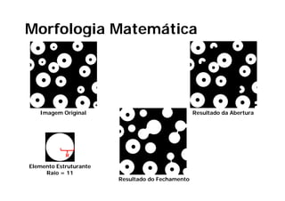 Morfologia Matemática




   Imagem Original                                Resultado da Abertura




            R

Elemento Estruturante
     Raio = 11
                        Resultado do Fechamento
 