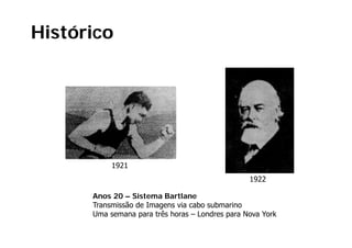 Histórico




           1921
                                                 1922

      Anos 20 – Sistema Bartlane
      Transmissão de Imagens via cabo submarino
                        g
      Uma semana para três horas – Londres para Nova York
 