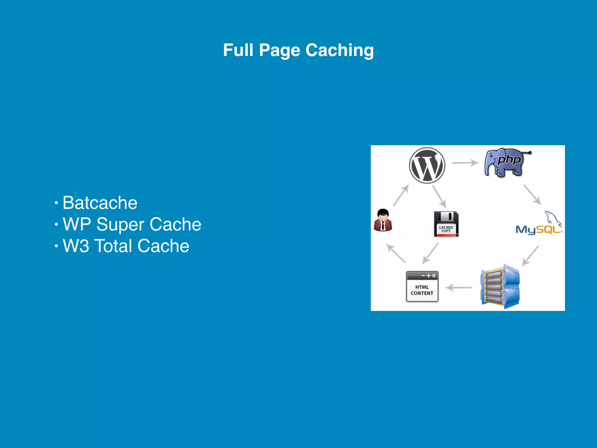 Full Page Caching • Batcache • WP Super Cache • W3 Total Cache 