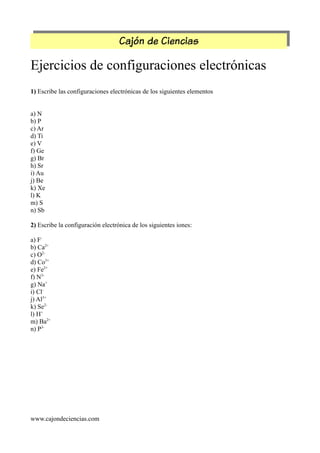 Cajón de Ciencias
Ejercicios de configuraciones electrónicas
1) Escribe las configuraciones electrónicas de los siguientes elementos
a) N
b) P
c) Ar
d) Ti
e) V
f) Ge
g) Br
h) Sr
i) Au
j) Be
k) Xe
l) K
m) S
n) Sb
2) Escribe la configuración electrónica de los siguientes iones:
a) F-
b) Ca2+
c) O2-
d) Co3+
e) Fe2+
f) N3-
g) Na+
i) Cl-
j) Al3+
k) Se2-
l) H+
m) Ba2+
n) P3-
www.cajondeciencias.com
 