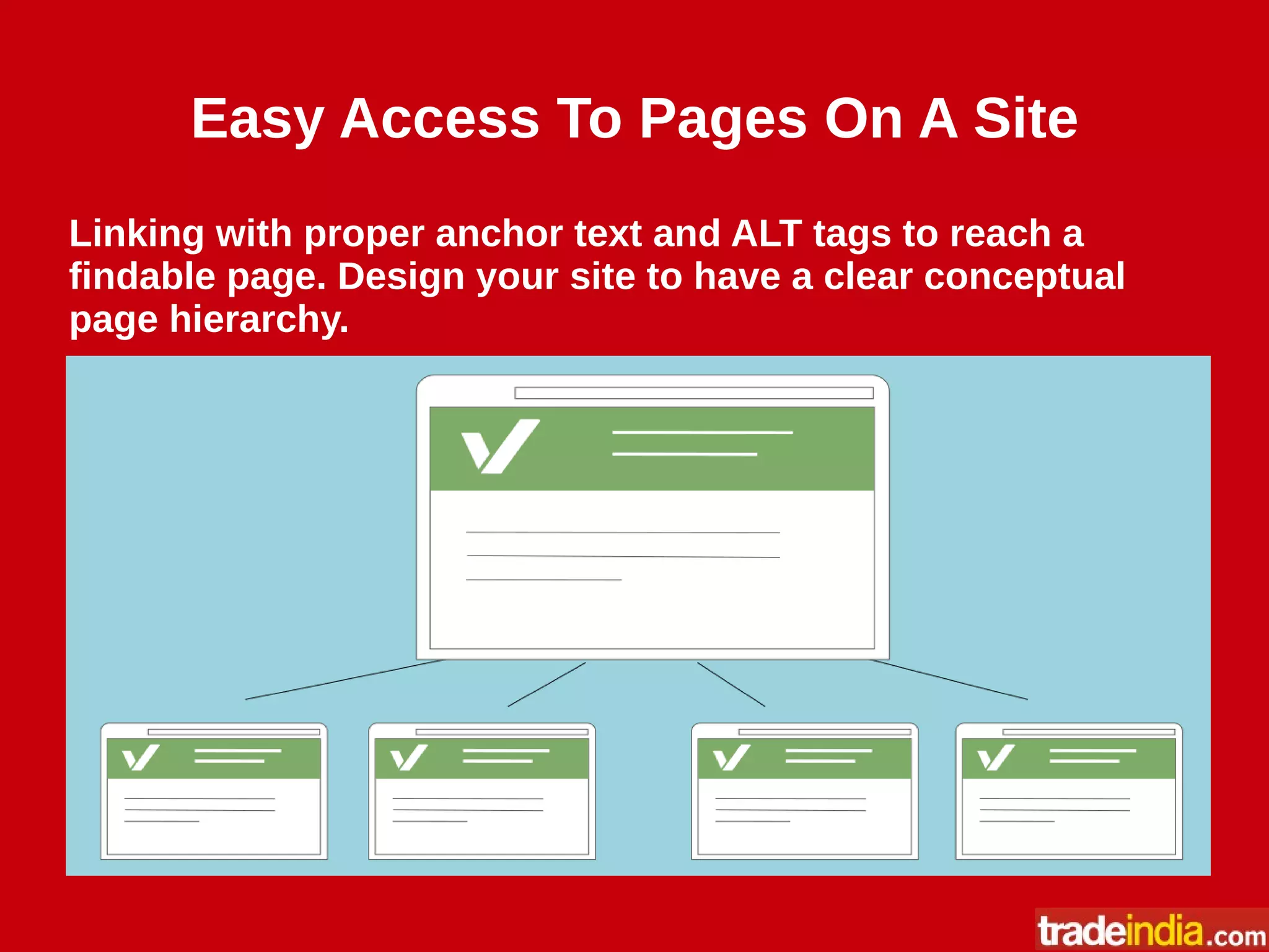 Easy Access To Pages On A Site
Linking with proper anchor text and ALT tags to reach a
findable page. Design your site to have a clear conceptual
page hierarchy.
 