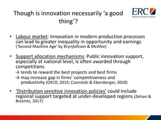 • Labour market: Innovation in modern production processes
can lead to greater inequality in opportunity and earnings
(‘Second Machine Age’ by Brynjlofsson & McAfee)
• Support allocation mechanisms: Public innovation support,
especially at national level, is often awarded through
competitions
→ tends to reward the best projects and best firms
→ may increase gap in firms’ competitiveness and
productivity (OECD, 2015; Czarnitzki & Ebersberger, 2010)
• ‘Distribution sensitive innovation policies’ could include
regional support targeted at under-developed regions (Zehavi &
Breznitz, 2017)
Though is innovation necessarily ‘a good
thing’?
 