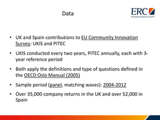 • UK and Spain contributions to EU Community Innovation
Survey: UKIS and PITEC
• UKIS conducted every two years, PITEC annually, each with 3-
year reference period
• Both apply the definitions and type of questions defined in
the OECD Oslo Manual (2005)
• Sample period (panel, matching waves): 2004-2012
• Over 35,000 company returns in the UK and over 52,000 in
Spain
Data
 