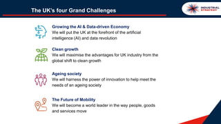 The UK’s four Grand Challenges
Clean growth
We will maximise the advantages for UK industry from the
global shift to clean...