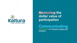 Measuring the 
dollar value of 
participation 
Communicating 
community with decision makers and 
investors 
 