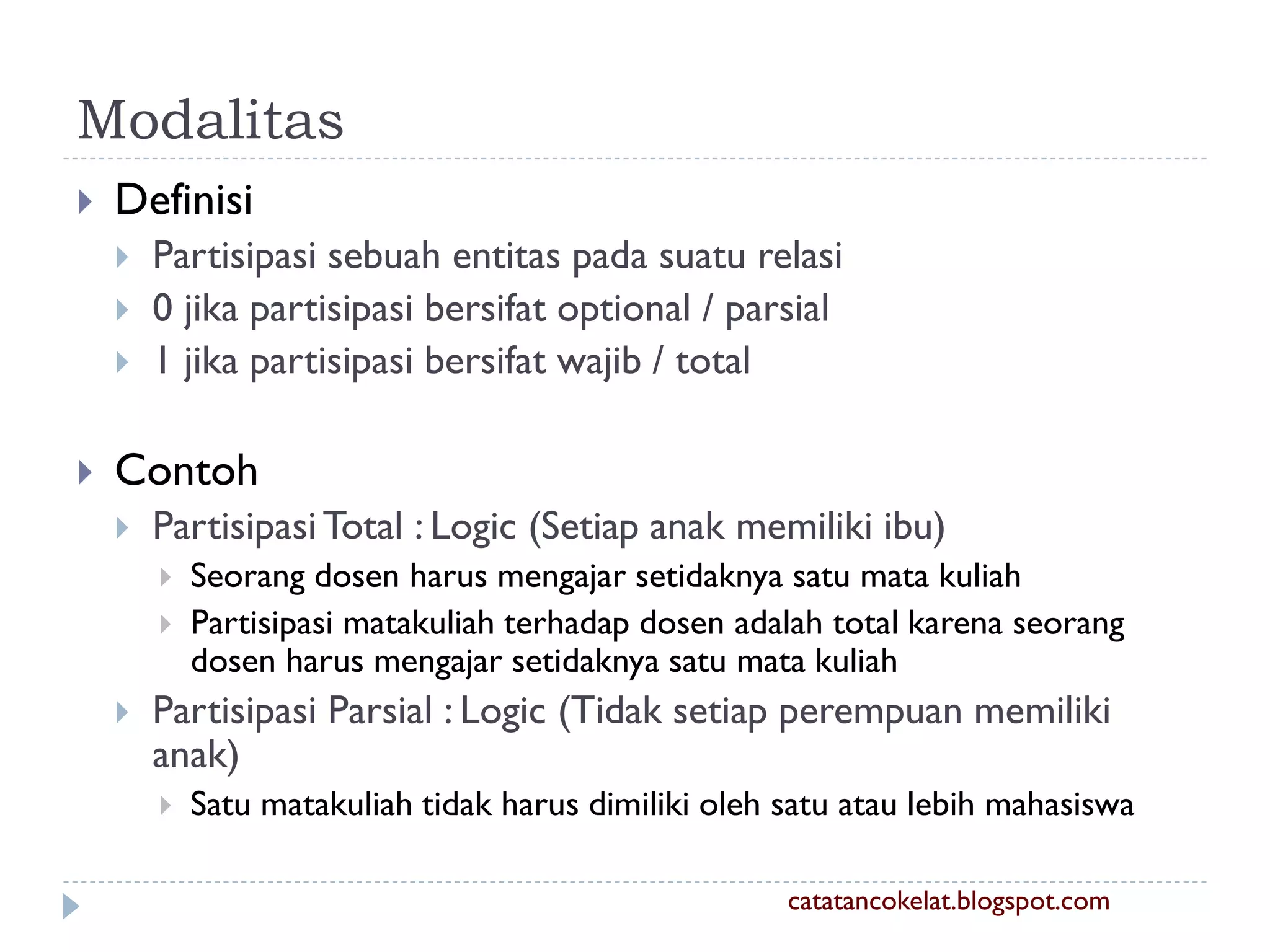 Modalitas


Definisi






Partisipasi sebuah entitas pada suatu relasi
0 jika partisipasi bersifat optional / parsial
1 jika partisipasi bersifat wajib / total

Contoh


Partisipasi Total : Logic (Setiap anak memiliki ibu)





Seorang dosen harus mengajar setidaknya satu mata kuliah
Partisipasi matakuliah terhadap dosen adalah total karena seorang
dosen harus mengajar setidaknya satu mata kuliah

Partisipasi Parsial : Logic (Tidak setiap perempuan memiliki
anak)


Satu matakuliah tidak harus dimiliki oleh satu atau lebih mahasiswa
catatancokelat.blogspot.com

 