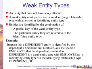 Weak Entity Types 
An entity that does not have a key attribute 
A weak entity must participate in an identifying relationship 
type with an owner or identifying entity type 
Entities are identified by the combination of: 
– A partial key of the weak entity type 
– The particular entity they are related to in the 
identifying entity type 
Example: 
Suppose that a DEPENDENT entity is identified by the 
dependent’s first name and birhtdate, and the specific 
EMPLOYEE that the dependent is related to. 
DEPENDENT is a weak entity type with EMPLOYEE as its 
identifying entity type via the identifying relationship type 
DEPENDENT_OF 
Chapter 3-18 Copyright © 2004 Pearson Education, Inc. 
Elmasri/Navathe, Fundamentals of Database Systems, Fourth Edition 
 