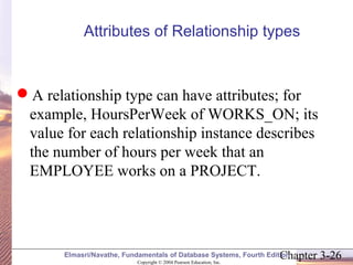 Attributes of Relationship types 
A relationship type can have attributes; for 
example, HoursPerWeek of WORKS_ON; its 
value for each relationship instance describes 
the number of hours per week that an 
EMPLOYEE works on a PROJECT. 
Chapter 3-26 Copyright © 2004 Pearson Education, Inc. 
Elmasri/Navathe, Fundamentals of Database Systems, Fourth Edition 
 