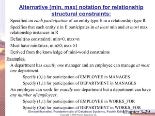 Alternative (min, max) notation for relationship 
structural constraints: 
 Specified on each participation of an entity type E in a relationship type R 
 Specifies that each entity e in E participates in at least min and at most max 
relationship instances in R 
 Default(no constraint): min=0, max=n 
 Must have min£max, min³0, max ³1 
 Derived from the knowledge of mini-world constraints 
Examples: 
 A department has exactly one manager and an employee can manage at most 
one department. 
– Specify (0,1) for participation of EMPLOYEE in MANAGES 
– Specify (1,1) for participation of DEPARTMENT in MANAGES 
 An employee can work for exactly one department but a department can have 
any number of employees. 
– Specify (1,1) for participation of EMPLOYEE in WORKS_FOR 
– Specify (0,n) for participation of DEPARTMENT in WORKS_FOR 
Chapter 3-29 Copyright © 2004 Pearson Education, Inc. 
Elmasri/Navathe, Fundamentals of Database Systems, Fourth Edition 
 