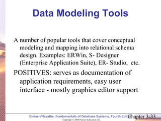 Data Modeling Tools 
A number of popular tools that cover conceptual 
modeling and mapping into relational schema 
design. Examples: ERWin, S- Designer 
(Enterprise Application Suite), ER- Studio, etc. 
POSITIVES: serves as documentation of 
application requirements, easy user 
interface - mostly graphics editor support 
Chapter 3-33 Copyright © 2004 Pearson Education, Inc. 
Elmasri/Navathe, Fundamentals of Database Systems, Fourth Edition 
 