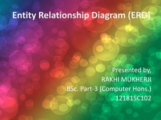 Entity Relationship Diagram (ERD)
Presented by,
RAKHI MUKHERJI
BSc. Part-3 (Computer Hons.)
12181SC102
 