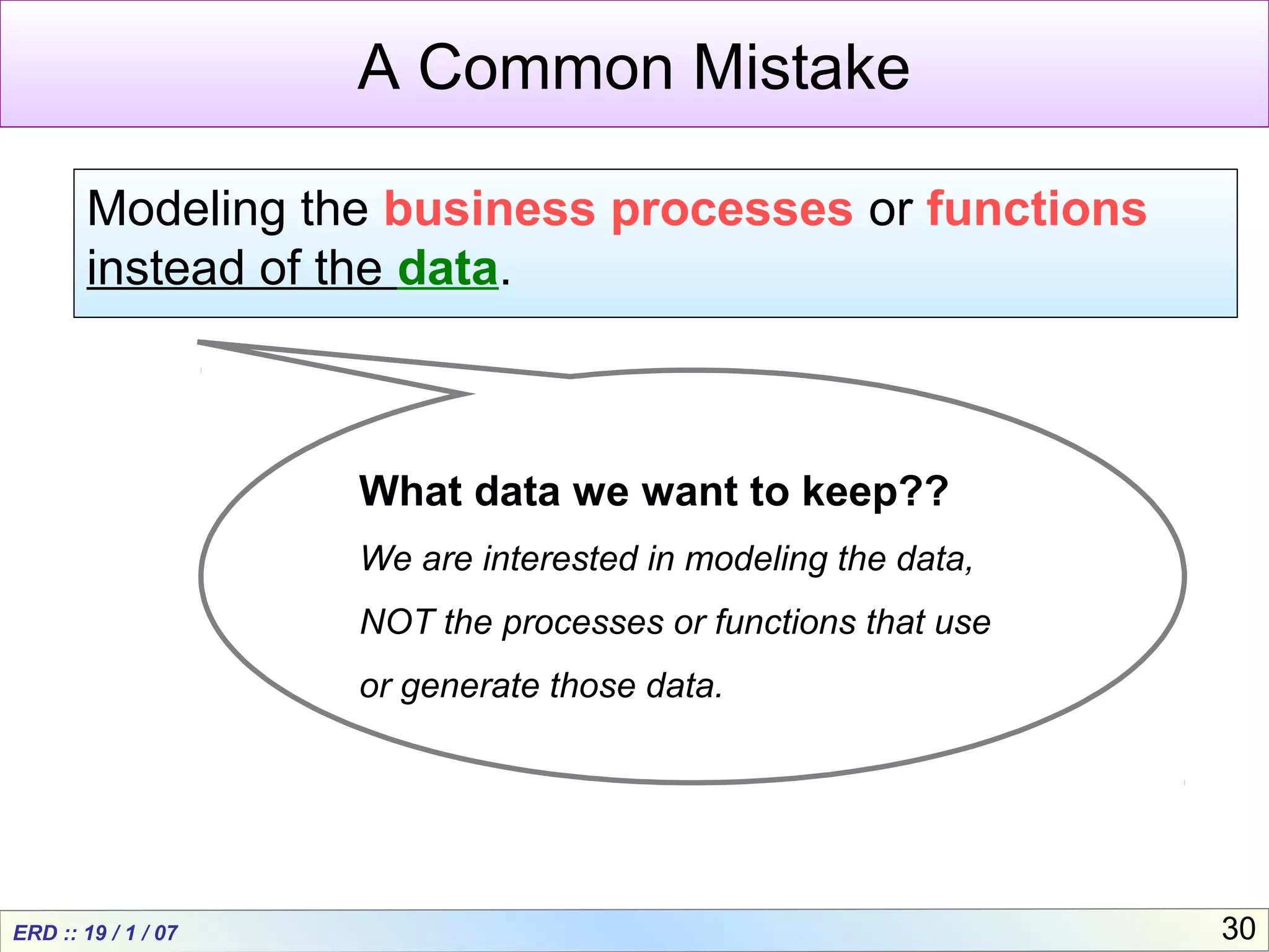 ERD :: 19 / 1 / 07 30
A Common Mistake
Modeling the business processes or functions
instead of the data.
What data we want to keep??
We are interested in modeling the data,
NOT the processes or functions that use
or generate those data.
 