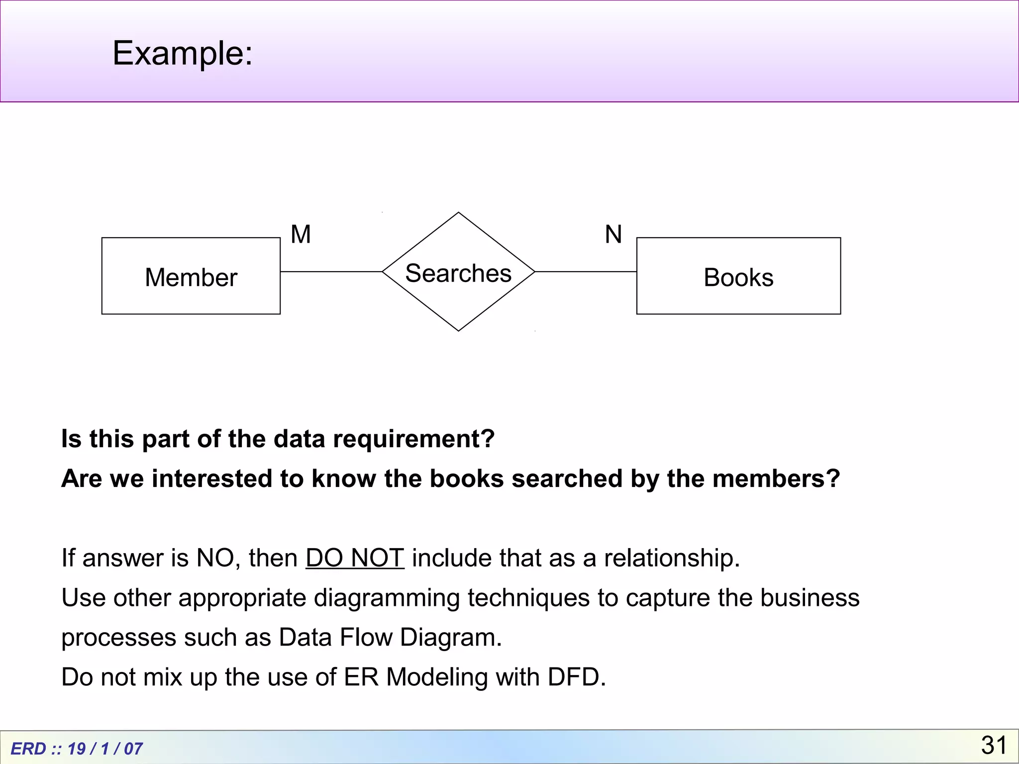 ERD :: 19 / 1 / 07 31
Example:
Member BooksSearches
M N
Is this part of the data requirement?
Are we interested to know the books searched by the members?
If answer is NO, then DO NOT include that as a relationship.
Use other appropriate diagramming techniques to capture the business
processes such as Data Flow Diagram.
Do not mix up the use of ER Modeling with DFD.
 