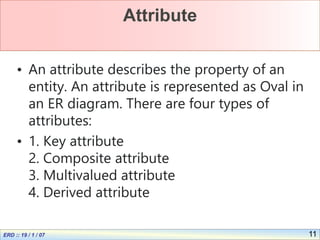 11
Attribute
• An attribute describes the property of an
entity. An attribute is represented as Oval in
an ER diagram. There are four types of
attributes:
• 1. Key attribute
2. Composite attribute
3. Multivalued attribute
4. Derived attribute
 