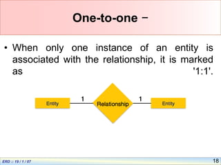 18
One-to-one −
• When only one instance of an entity is
associated with the relationship, it is marked
as '1:1'.
 