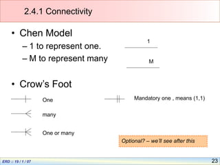 23
2.4.1 Connectivity
• Chen Model
– 1 to represent one.
– M to represent many
• Crow’s Foot
many
One
One or many
1
M
Mandatory one , means (1,1)
Optional? – we’ll see after this
 