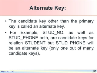 37
Alternate Key:
• The candidate key other than the primary
key is called an alternate key.
• For Example, STUD_NO, as well as
STUD_PHONE both, are candidate keys for
relation STUDENT but STUD_PHONE will
be an alternate key (only one out of many
candidate keys).
 