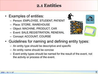 5
2.1 Entities
• Examples of entities:
– Person: EMPLOYEE, STUDENT, PATIENT
– Place: STORE, WAREHOUSE
– Object: MACHINE, PRODUCT, CAR
– Event: SALE,REGISTRATION, RENEWAL
– Concept: ACCOUNT, COURSE
• Guidelines for naming and defining entity types:
– An entity type should be descriptive and specific
– An entity name should be concise
– Event entity types should be named for the result of the event, not
the activity or process of the event.
 