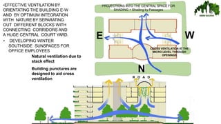 E
•EFFECTIVE VENTILATION BY
ORIENTATING THE BUILDING E-W
AND BY OPTIMUM INTEGRATION
WITH NATURE BY SEPARATING
OUT DIFFERENT BLOCKS WITH
CONNECTING CORRIDORS AND
A HUGE CENTRAL COURT YARD.
• DEVELOPING WINTER
SOUTHSIDE SUNSPACES FOR
OFFICE EMPLOYEES
W
CROSS VENTILATION AT THE
MICRO LEVEL THROUGH
OPENINGS
N
R O A D
PROJECTIONS INTO THE CENTRAL SPACE FOR
SHADING + Shading by Passages
Natural ventilation due to
stack effect
Building punctures are
designed to aid cross
ventilation
 