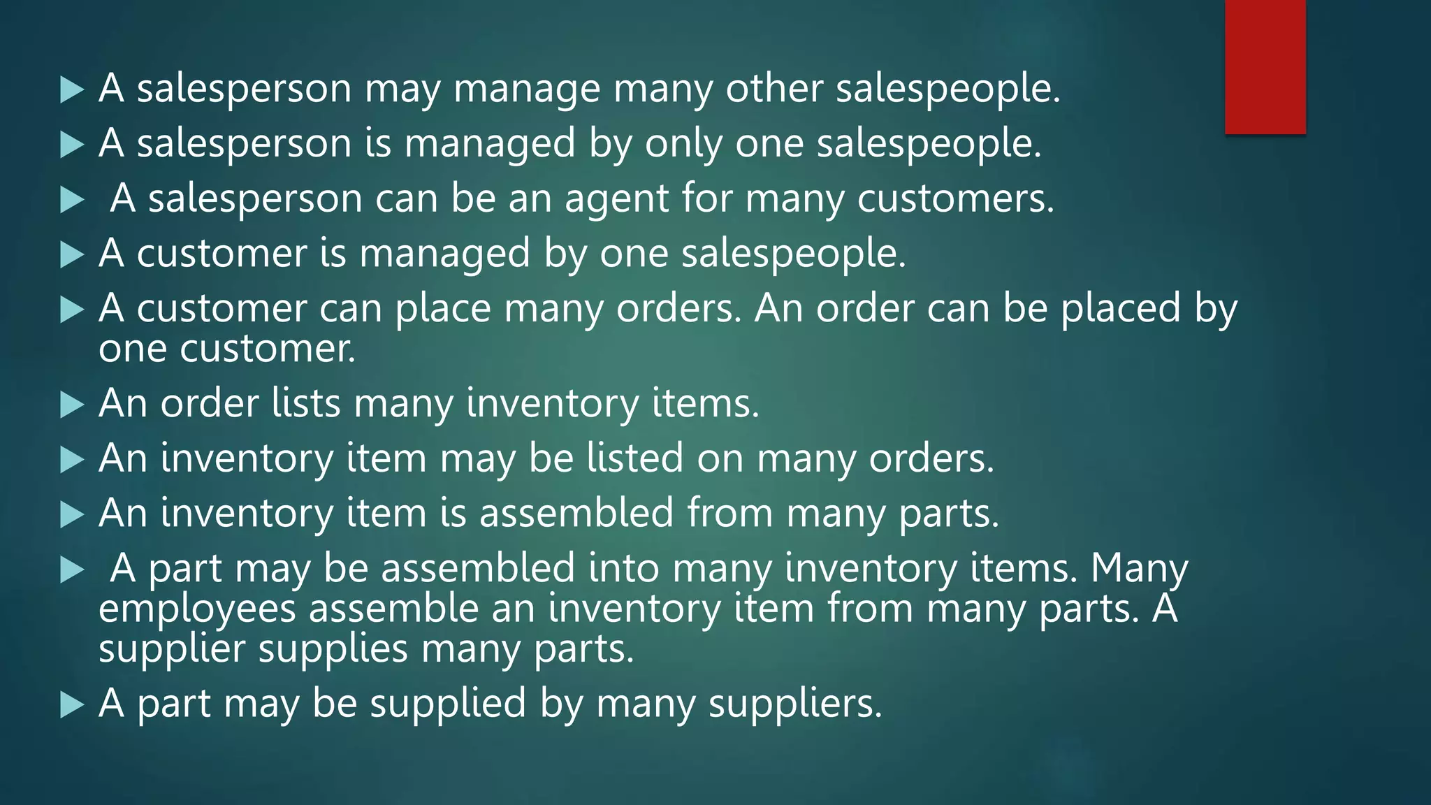  A salesperson may manage many other salespeople.
 A salesperson is managed by only one salespeople.
 A salesperson can be an agent for many customers.
 A customer is managed by one salespeople.
 A customer can place many orders. An order can be placed by
one customer.
 An order lists many inventory items.
 An inventory item may be listed on many orders.
 An inventory item is assembled from many parts.
 A part may be assembled into many inventory items. Many
employees assemble an inventory item from many parts. A
supplier supplies many parts.
 A part may be supplied by many suppliers.
 