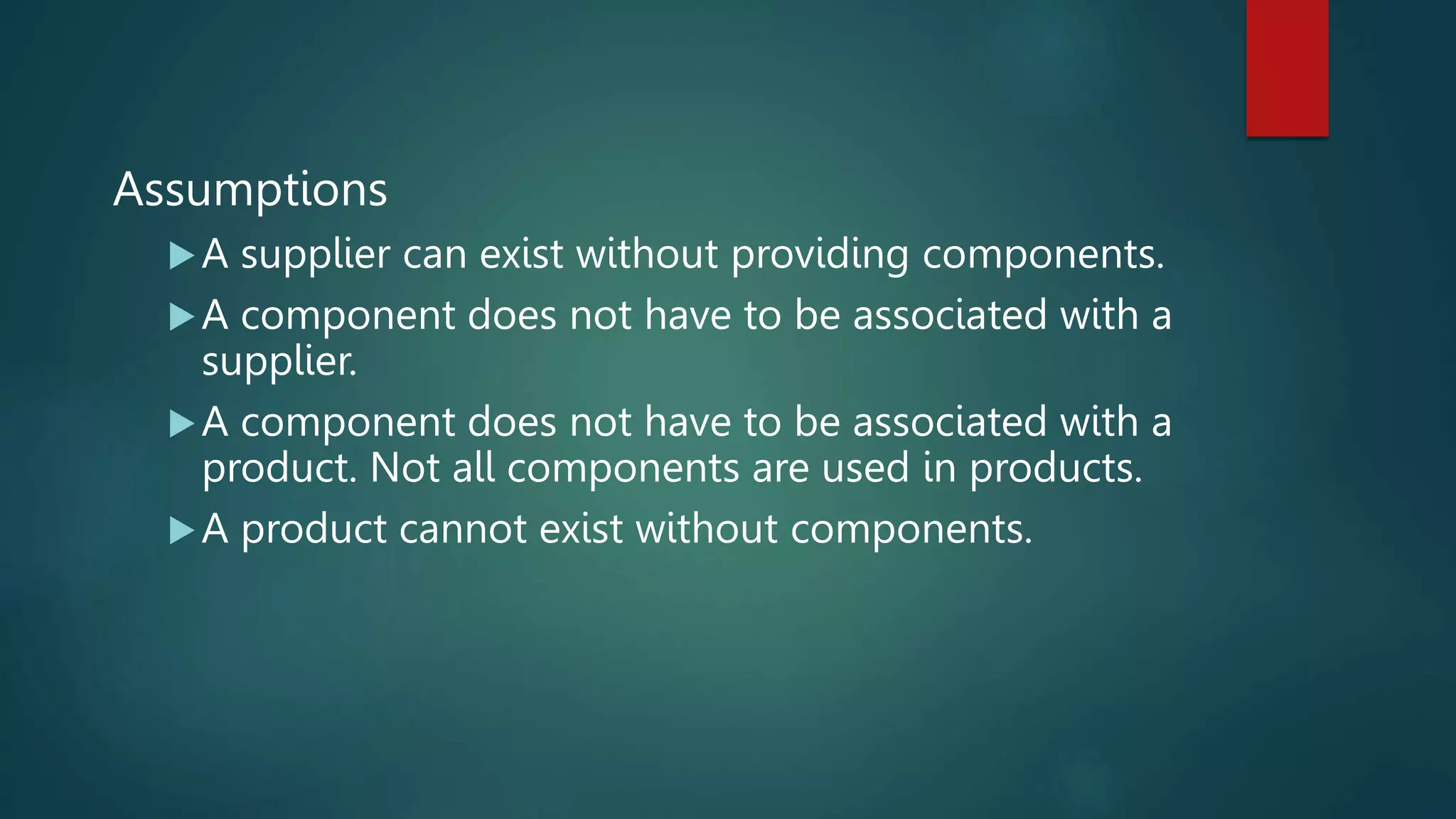 Assumptions
A supplier can exist without providing components.
A component does not have to be associated with a
supplier.
A component does not have to be associated with a
product. Not all components are used in products.
A product cannot exist without components.
 