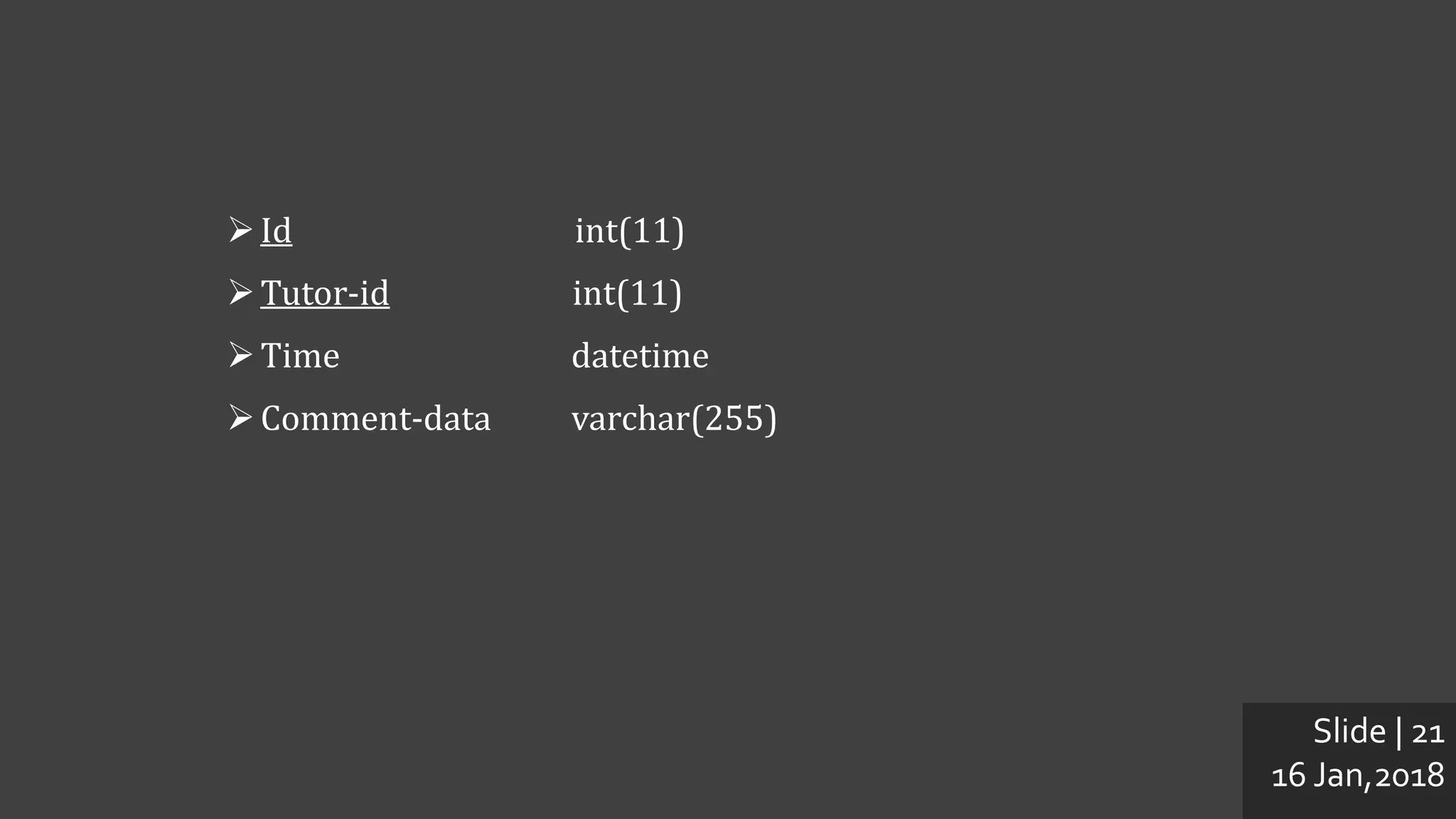 Slide | 21
16 Jan,2018
Attributes and Data type ofTutorReview
Id int(11)
Tutor-id int(11)
Time datetime
Comment-data varchar(255)
 