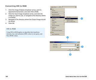 USING IMAGE ANALYSIS FOR ARCGIS100
Converting IHS to RGB
1. Click the Image Analysis dropdown arrow, point to
Spectral Enhancement, and click IHS to RGB.
2. Click the Input Image dropdown arrow, and click the
image you want to use, or navigate to the directory where
it is stored.
3. Navigate to the directory where the Output Image should
be stored.
4. Click OK.
1
3
4
2
IHS to RGB
Using IHS to RGB applies an algorithm that transforms
intensity, hue, and saturation (IHS) values to red, green, and
blue (RGB) values.
 