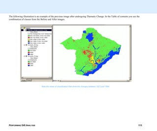 PERFORMING GIS ANALYSIS 113
The following illustration is an example of the previous image after undergoing Thematic Change. In the Table of contents you see the
combination of classes from the Before and After images.
Note the areas of classification that show the changes between 1973 and 1994.
 