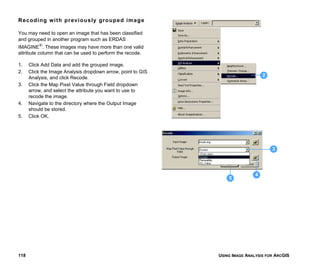 USING IMAGE ANALYSIS FOR ARCGIS118
Recoding with previously grouped image
You may need to open an image that has been classified
and grouped in another program such as ERDAS
IMAGINE®
. These images may have more than one valid
attribute column that can be used to perform the recode.
1. Click Add Data and add the grouped image.
2. Click the Image Analysis dropdown arrow, point to GIS
Analysis, and click Recode.
3. Click the Map Pixel Value through Field dropdown
arrow, and select the attribute you want to use to
recode the image.
4. Navigate to the directory where the Output Image
should be stored.
5. Click OK.
4
2
5
3
 