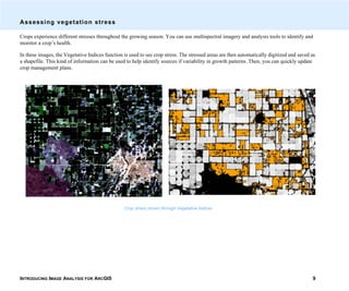 INTRODUCING IMAGE ANALYSIS FOR ARCGIS 9
Assessing vegetation stress
Crops experience different stresses throughout the growing season. You can use multispectral imagery and analysis tools to identify and
monitor a crop’s health.
In these images, the Vegetative Indices function is used to see crop stress. The stressed areas are then automatically digitized and saved as
a shapefile. This kind of information can be used to help identify sources if variability in growth patterns. Then, you can quickly update
crop management plans.
Crop stress shown through Vegetative Indices
 
