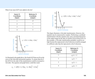 APPLYING GEOCORRECTION TOOLS 165
What if one more GCP were added to the list?
As illustrated in the graph above, this fourth GCP does not fit on the
curve of the 2nd-order polynomial equation. To ensure that all of
the GCPs fit, the order of the transformation could be increased to
3rd-order. The equation and graph below could then result.
Source X
Coordinate
(input)
Reference X
Coordinate
(output)
1 17
2 7
3 1
4 5
0 1 2 3 4
0
4
8
12
16
referenceXcoordinate
source X coordinate
xr = (31) + (-16)xi + (2)xi
2
(4,5)
xr 25( ) 5–( )xi 4–( )xi
2
1( )xi
2
+ + +=
This figure illustrates a 3rd-order transformation. However, this
equation may be unnecessarily complex. Performing a coordinate
transformation with this equation may cause unwanted distortions
in the output image for the sake of a perfect fit for all the GCPs. In
this example, a 3rd-order transformation probably would be too
high, because the output pixels in the X direction would be arranged
in a different order than the input pixels in the X direction.
Source X
Coordinate
(input)
Reference X
Coordinate
(output)
1
2
3
4
0 1 2 3 4
0
4
8
12
16
referenceXcoordinate
source X coordinate
xr = (25) + (-5)xi + (-4)xi
2
+ (1)xi
3
x0 1( ) 17=
x0 2( ) 7=
x0 3( ) 1=
x0 4( ) 5=
 