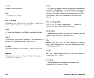 USING IMAGE ANALYSIS FOR ARCGIS184
a priori
Already or previously known.
area
A measurement of a surface.
area of interest
(AOI) a point, line, or polygon that is selected as a training sample
or as the image area to be used in an operation.
ASCII
See American Standard Code for Information Interchange.
aspect
The orientation, or the direction that a surface faces, with respect to
the directions of the compass: north, south, east, west.
attribute
The tabular information associated with a raster or vector layer.
average
The statistical mean; the sum of a set of values divided by the
number of values in the set.
band
A set of data file values for a specific portion of the electromagnetic
spectrum of reflected light or emitted heat (red, green, blue, near-
infrared, infrared, thermal, and so on) or some other user-defined
information created by combining or enhancing the original bands,
or creating new bands from other sources. Sometimes called
channel.
bilinear interpolation
Uses the data file values of four pixels in a 2 × 2 window to
calculate an output value with a bilinear function.
bin function
A mathematical function that establishes the relationship between
data file values and rows in a descriptor table.
bins
Ordered sets of pixels. Pixels are sorted into a specified number of
bins. The pixels are then given new values based upon the bins to
which they are assigned.
border
On a map, a line that usually encloses the entire map, not just the
image area as does a neatline.
boundary
A neighborhood analysis technique that is used to detect
boundaries between thematic classes.
 
