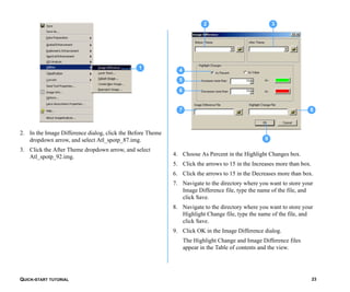QUICK-START TUTORIAL 23
2. In the Image Difference dialog, click the Before Theme
dropdown arrow, and select Atl_spotp_87.img.
3. Click the After Theme dropdown arrow, and select
Atl_spotp_92.img. 4. Choose As Percent in the Highlight Changes box.
5. Click the arrows to 15 in the Increases more than box.
6. Click the arrows to 15 in the Decreases more than box.
7. Navigate to the directory where you want to store your
Image Difference file, type the name of the file, and
click Save.
8. Navigate to the directory where you want to store your
Highlight Change file, type the name of the file, and
click Save.
9. Click OK in the Image Difference dialog.
The Highlight Change and Image Difference files
appear in the Table of contents and the view.
1
9
3
8
4
6
5
7
2
 