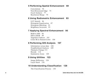 USING IMAGE ANALYSIS FOR ARCGISIV
5 Performing Spatial Enhancement 69
Convolution 70
Non-Directional Edge 75
Focal Analysis 77
Resolution Merge 79
6 Using Radiometric Enhancement 83
LUT Stretch 84
Histogram Equalization 87
Histogram Matching 91
Brightness Inversion 93
7 Applying Spectral Enhancement 95
RGB to IHS 96
IHS to RGB 99
Vegetative Indices 101
Color IR to Natural Color 104
8 Performing GIS Analysis 107
Information versus data 108
Neighborhood Analysis 109
Thematic Change 111
Recode 114
Summarize Areas 120
9 Using Utilities 123
Image Difference 124
Layer Stack 126
10 Understanding Classification 129
The Classification Process 130
 
