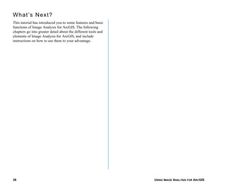 USING IMAGE ANALYSIS FOR ARCGIS38
What’s Next?
This tutorial has introduced you to some features and basic
functions of Image Analysis for ArcGIS. The following
chapters go into greater detail about the different tools and
elements of Image Analysis for ArcGIS, and include
instructions on how to use them to your advantage.
 