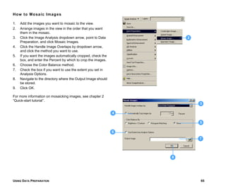 USING DATA PREPARATION 65
How to Mosaic Images
1. Add the images you want to mosaic to the view.
2. Arrange images in the view in the order that you want
them in the mosaic.
3. Click the Image Analysis dropdown arrow, point to Data
Preparation, and click Mosaic Images.
4. Click the Handle Image Overlaps by dropdown arrow,
and click the method you want to use.
5. If you want the images automatically cropped, check the
box, and enter the Percent by which to crop the images.
6. Choose the Color Balance method.
7. Check the box if you want to use the extent you set in
Analysis Options.
8. Navigate to the directory where the Output Image should
be stored.
9. Click OK.
For more information on mosaicking images, see chapter 2
“Quick-start tutorial’’.
2
3
5
7
4
6
8
 