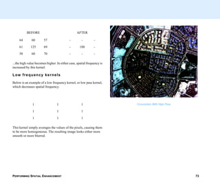 PERFORMING SPATIAL ENHANCEMENT 73
...the high value becomes higher. In either case, spatial frequency is
increased by this kernel.
Low frequency kernels
Below is an example of a low frequency kernel, or low pass kernel,
which decreases spatial frequency.
This kernel simply averages the values of the pixels, causing them
to be more homogeneous. The resulting image looks either more
smooth or more blurred.
BEFORE AFTER
64 60 57 - - -
61 125 69 - 188 -
58 60 70 - - -
1 1 1
1 1 1
1 1 1
Convolution With High Pass
Convolution with High Pass
 