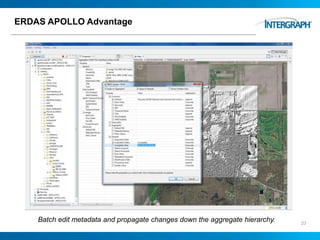 ERDAS APOLLO Advantage
23
Batch edit metadata and propagate changes down the aggregate hierarchy.
 