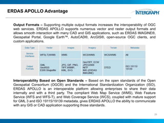 ERDAS APOLLO Advantage
Output Formats – Supporting multiple output formats increases the interoperability of OGC
web services. ERDAS APOLLO supports numerous vector and raster output formats and
allows smooth interaction with many CAD and GIS applications, such as ERDAS IMAGINE®,
Geospatial Portal, Google Earth™, AutoCAD®, ArcGIS®, open-source OGC clients, and
custom applications.
Interoperability Based on Open Standards – Based on the open standards of the Open
Geospatial Consortium (OGC®) and the International Standardization Organization (ISO),
ERDAS APOLLO is an interoperable platform allowing enterprises to share their data
internally and with a third party. The compliant Web Map Service (WMS), Web Feature
Service (WFS and WFS-T), and Web Coverage Service (WCS), coupled with mature support
for GML 3 and ISO 19115/19139 metadata, gives ERDAS APOLLO the ability to communicate
with any GIS or CAD application supporting those standards.
29
 
